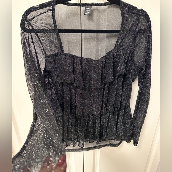 SHEIN ruffle trim glitter sheer top size 12 long sleeves black - Picture 5 of 11